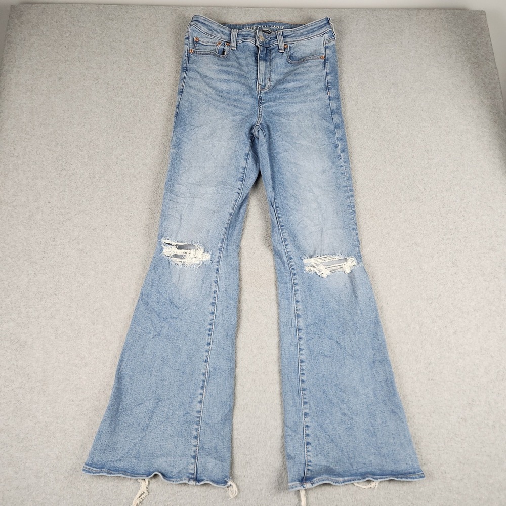 American Eagle Flare Jeans Womens 4 Blue Denim Super High Rise Boho Distressed